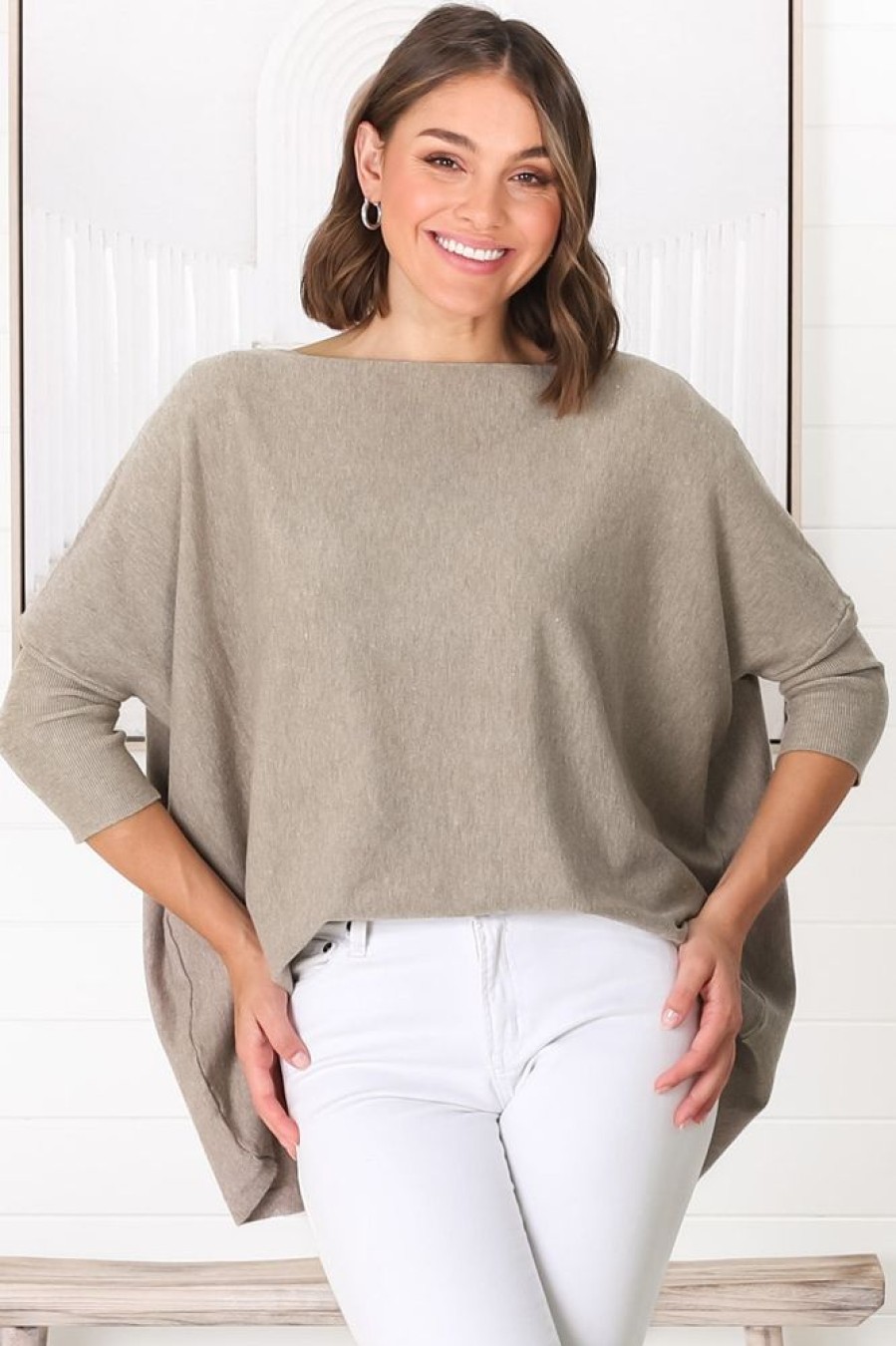 Tops Salty Crush | Belinda Knit Top - Boat Neckline Boxy Batwing Top In Beige