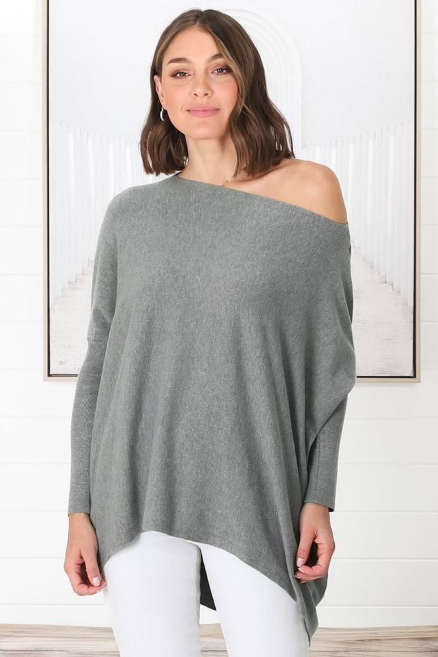 Tops Salty Crush | Belinda Knit Top - Boat Neckline Boxy Batwing Top In Grey