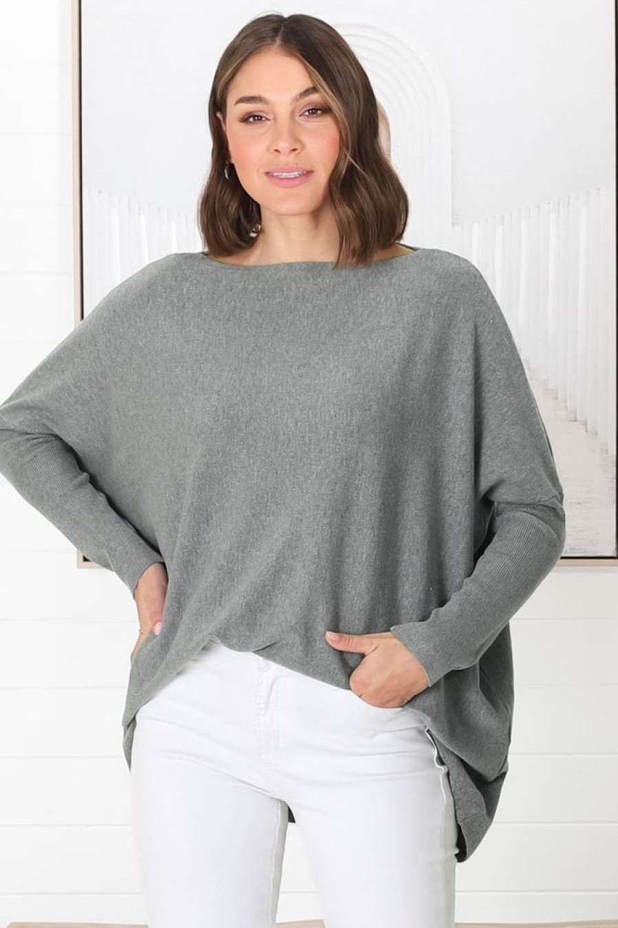 Tops Salty Crush | Belinda Knit Top - Boat Neckline Boxy Batwing Top In Grey