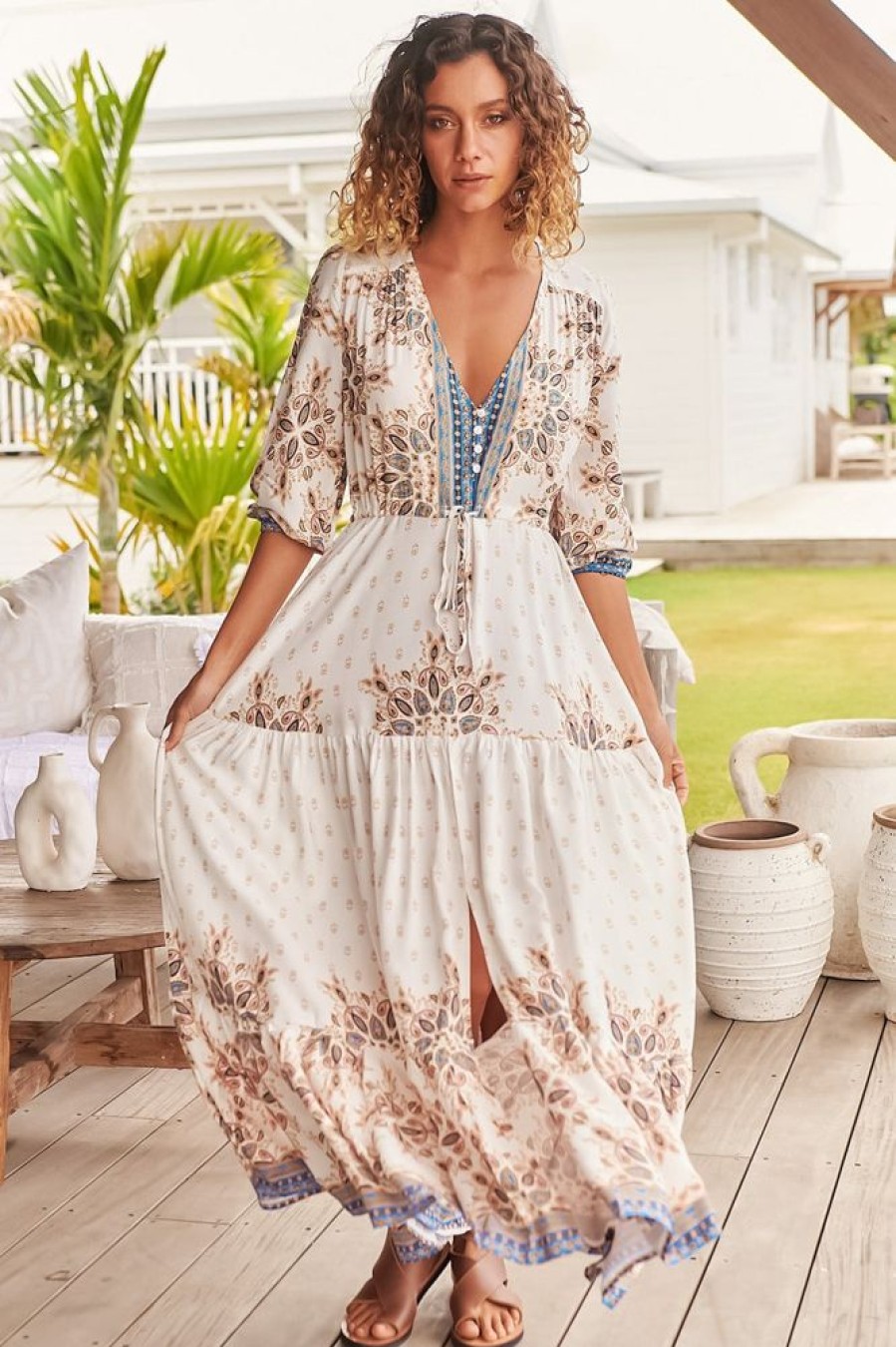 Jaase JAASE | Jaase - Tessa Maxi Dress: A Line Pull Tie Waist Dress In Gemstone Print