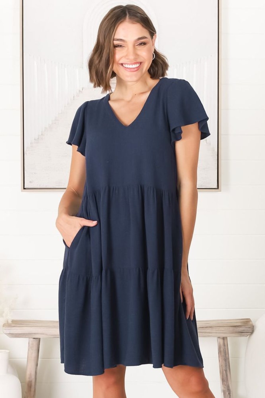 Dresses Salty Crush | Tanya Linen Mini Dress - Navy