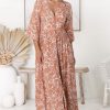 Dresses Salty Crush | Jolie Midi Dress - V Neck Buttoned Down Long Sleeve Dress In Sharpay Print Peach