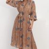 Dresses Salty Crush | Edda Midi Dress - Mandarin Collar Button Down Dress In Freda Print Terracotta