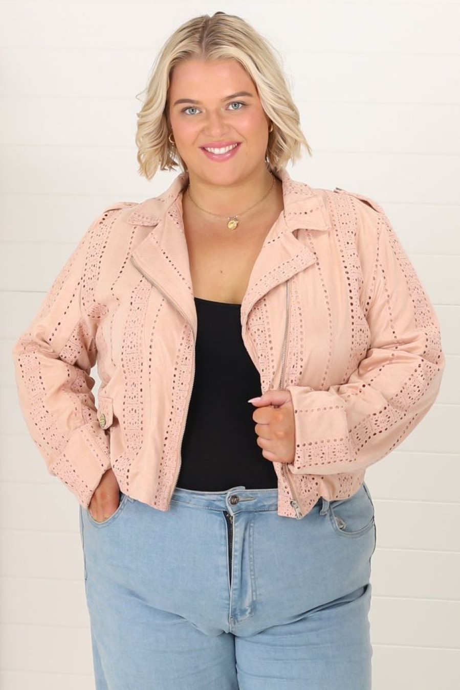 Jackets/Knitwear JAASE | Jodi Jacket - Emroided Detailing Biker Faux Suede Jacket In Blush