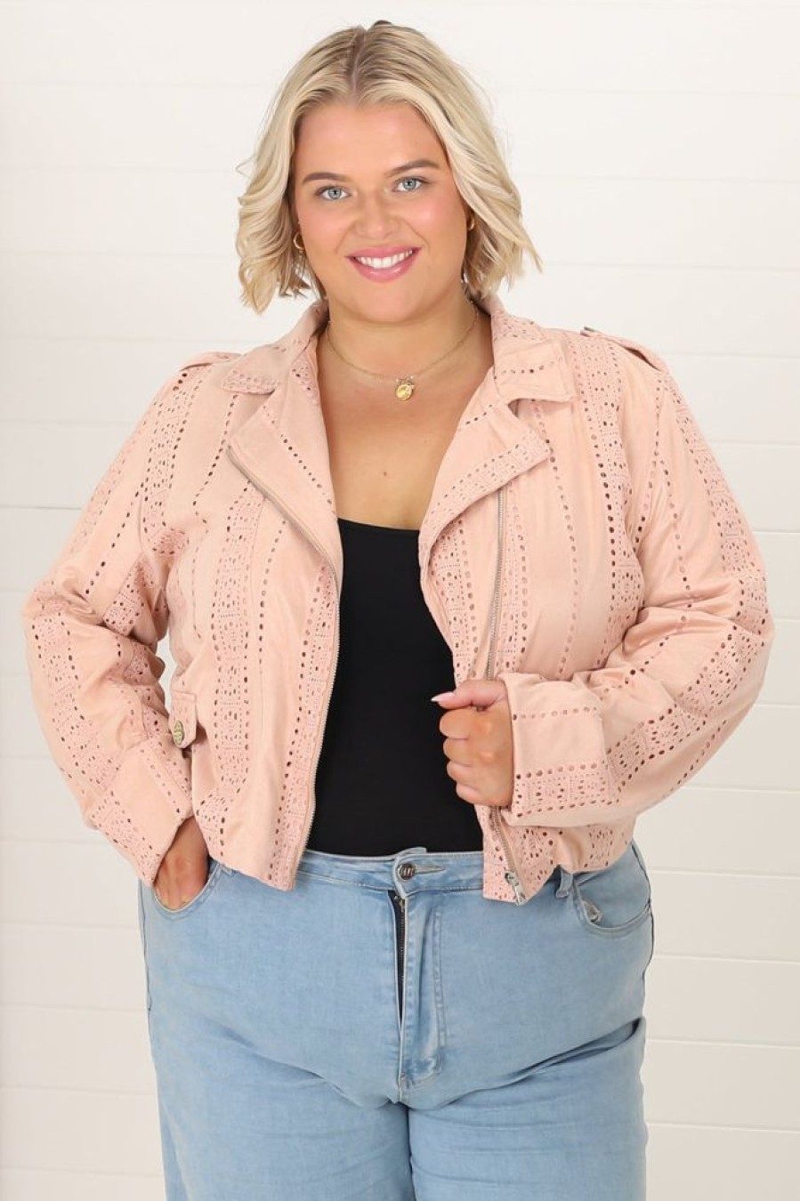 Jaase JAASE | Jodi Jacket - Emroided Detailing Biker Faux Suede Jacket In Blush