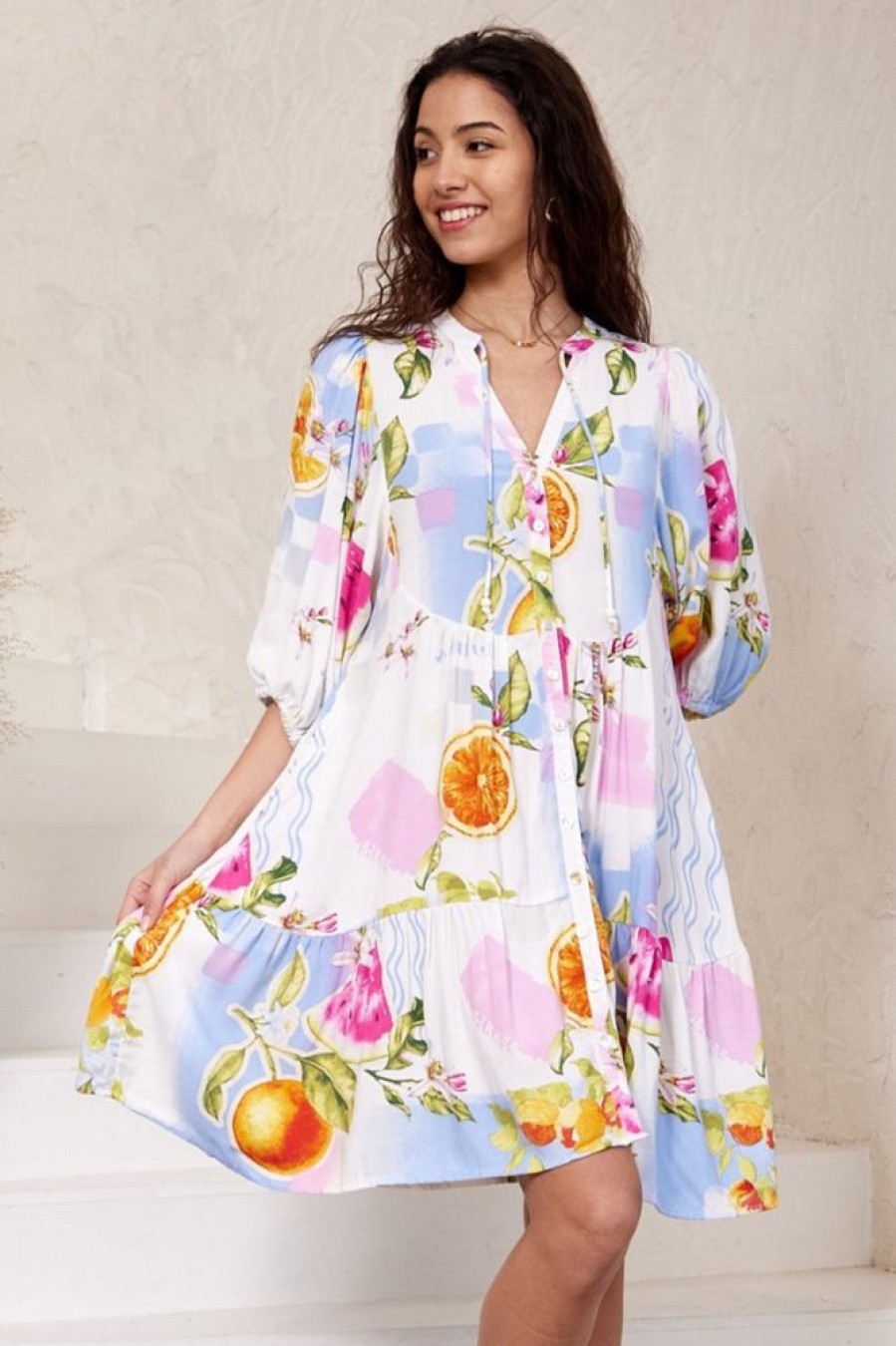 Dresses Salty Crush | Lea Mini Dress - 3/4 Sleeve Babydolll Dress In Summer Zest Print