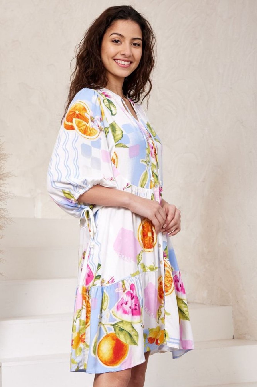 Dresses Salty Crush | Lea Mini Dress - 3/4 Sleeve Babydolll Dress In Summer Zest Print