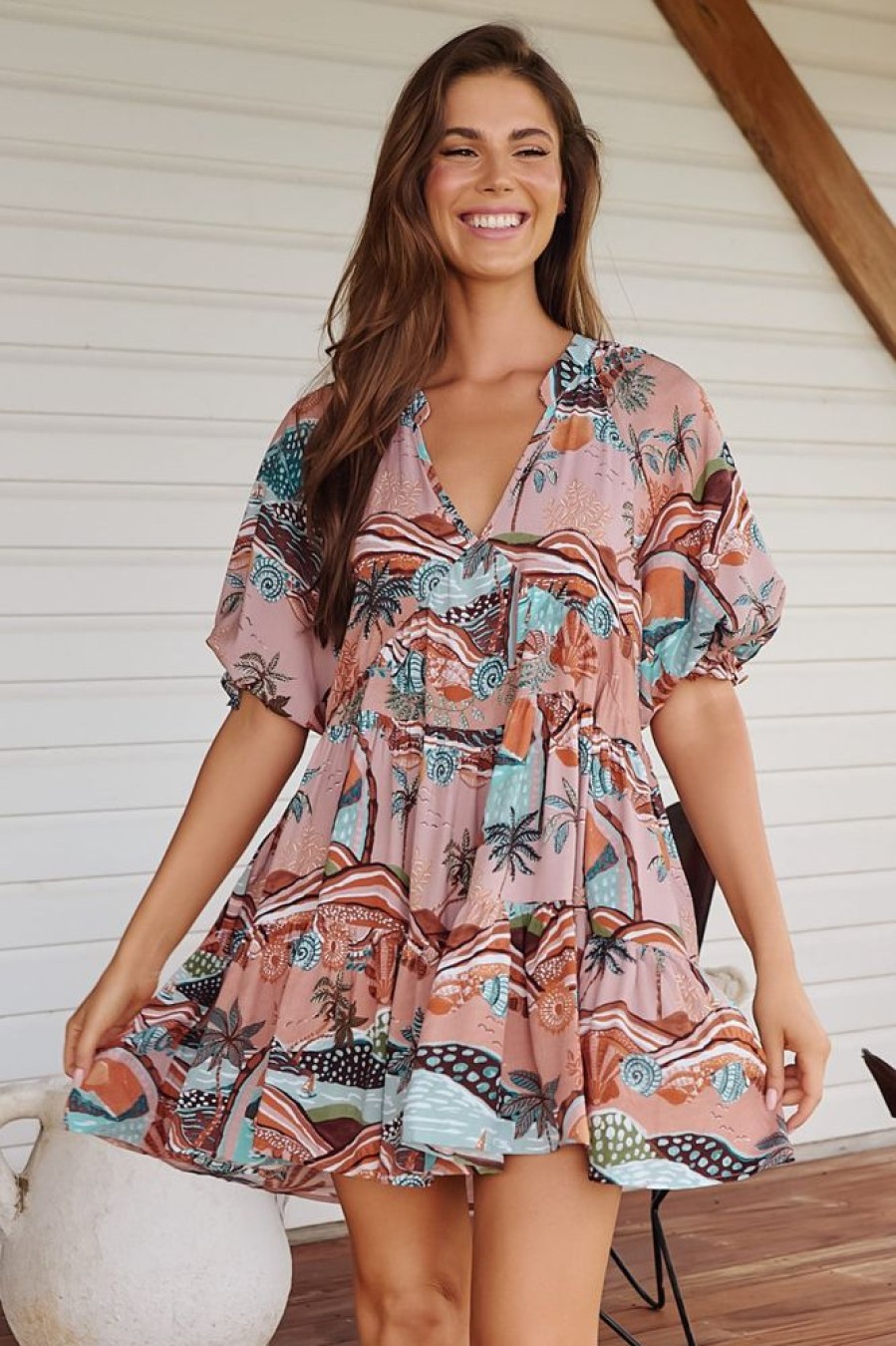 Jaase JAASE | Jaase - Petal Mini Dress: Tiered Smock Dress In Lakeside Serenity Print