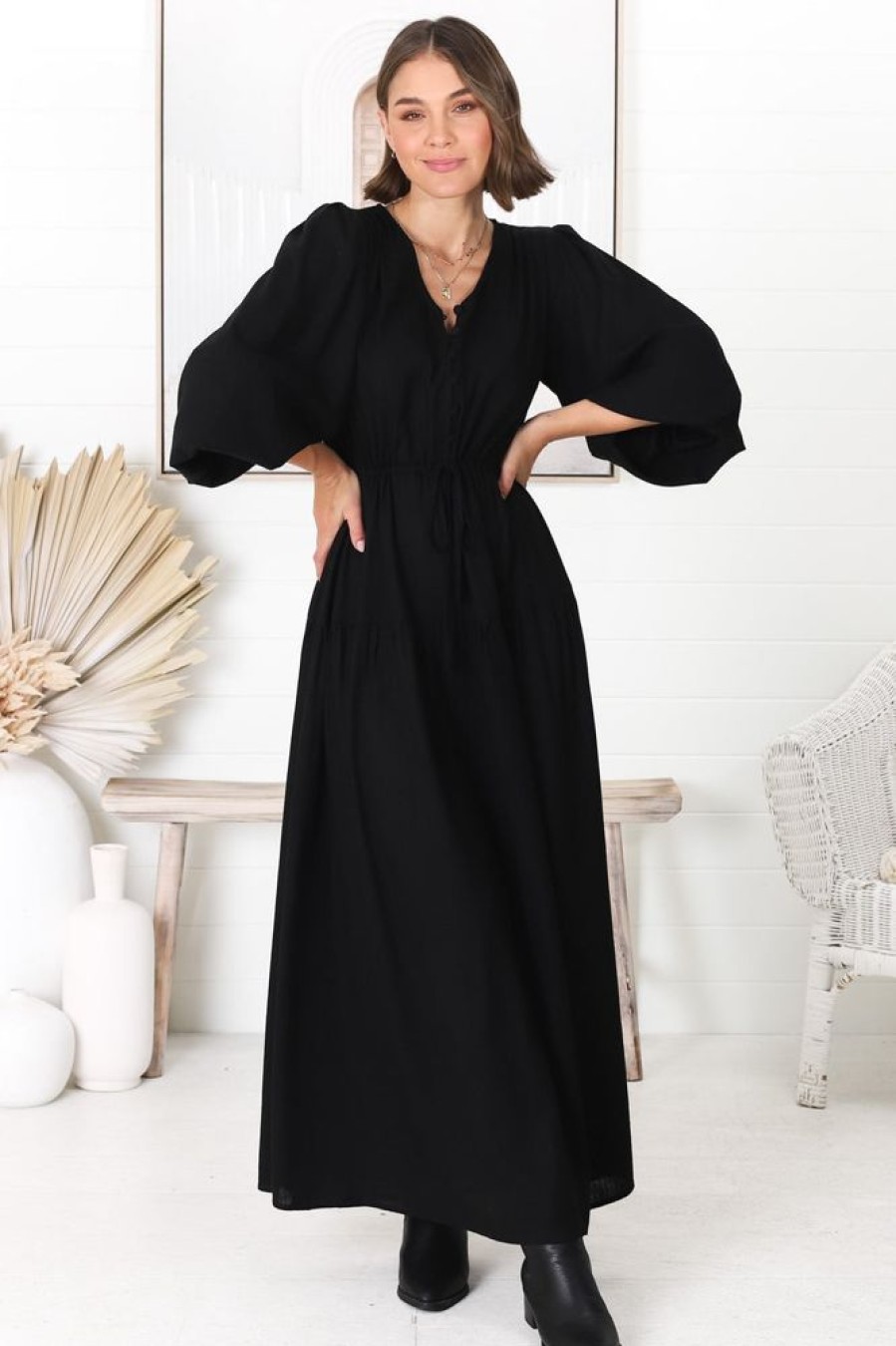 Dresses Salty Crush | Salma Maxi Dress - Linen Blend Long Sleeve Maxi Dress In Black