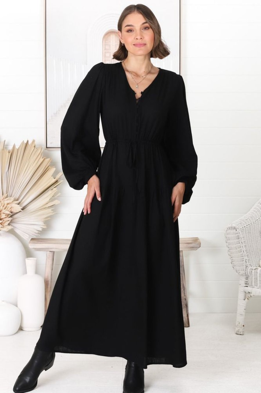 Dresses Salty Crush | Salma Maxi Dress - Linen Blend Long Sleeve Maxi Dress In Black