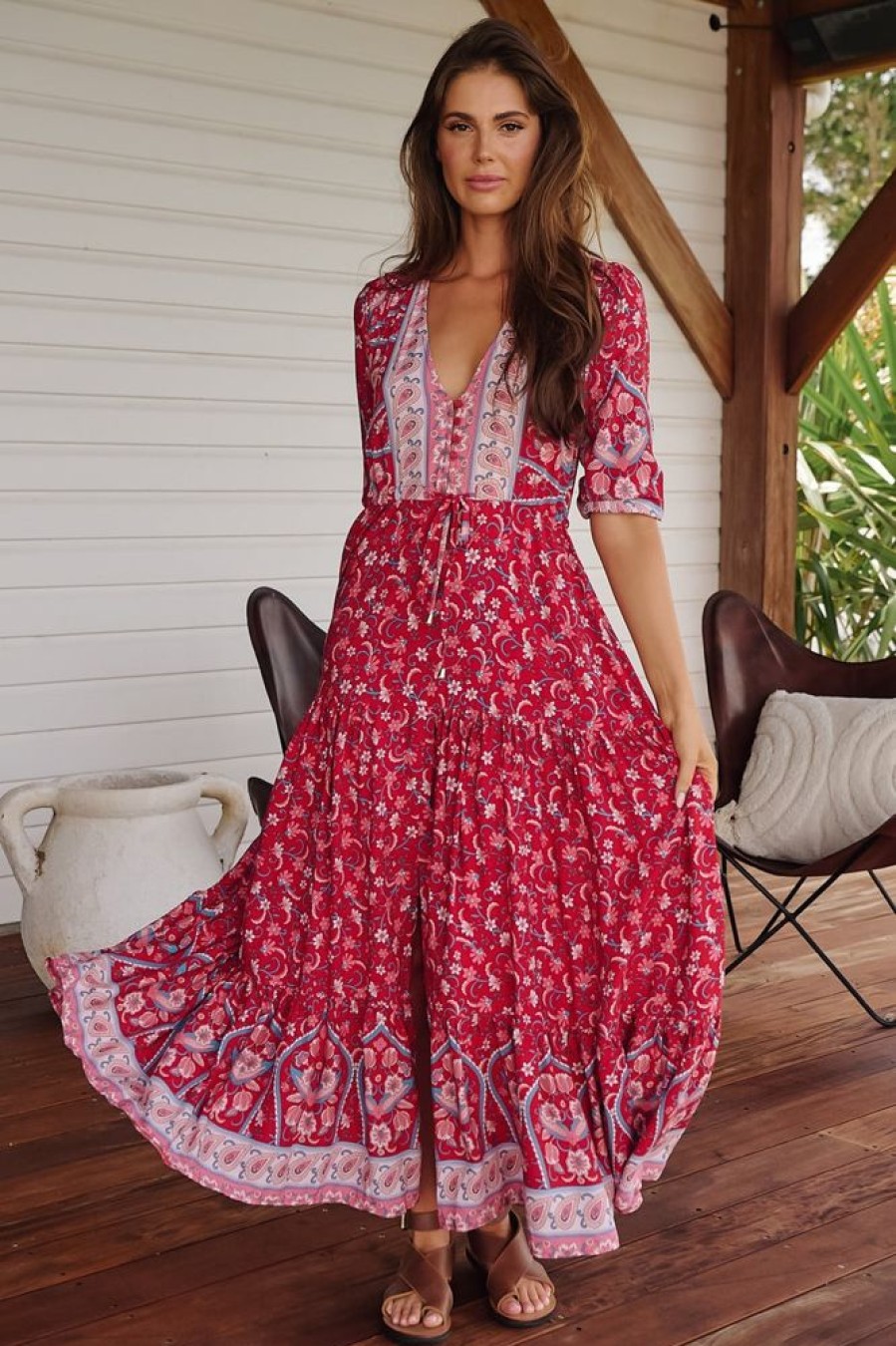 Jaase jaase | Jaase - Tessa Maxi Dress: A Line Pull Tie Waist Dress In Ruby Rouge Print