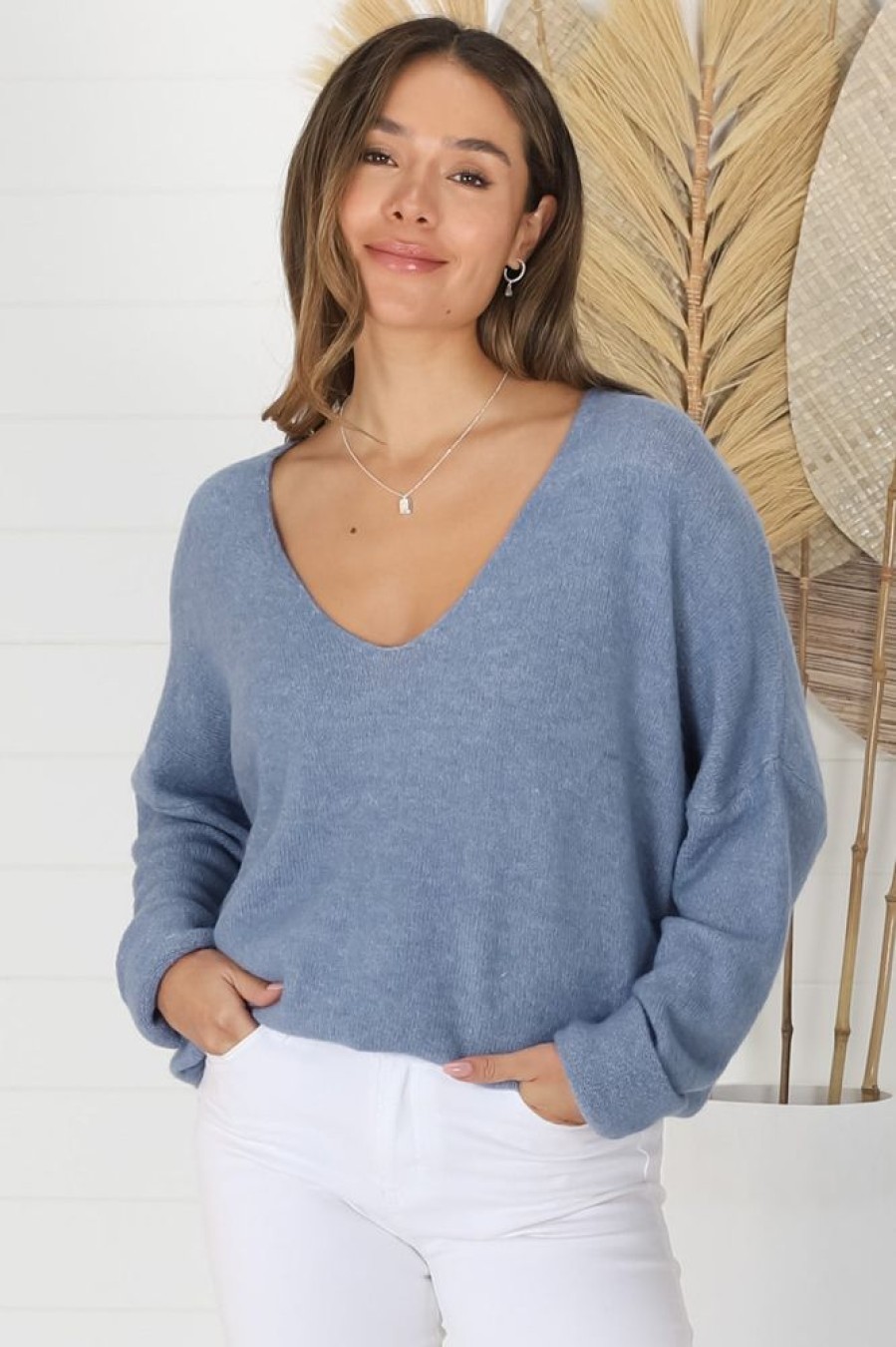 Tops Salty Crush | Carol Knit Top - Denim Blue