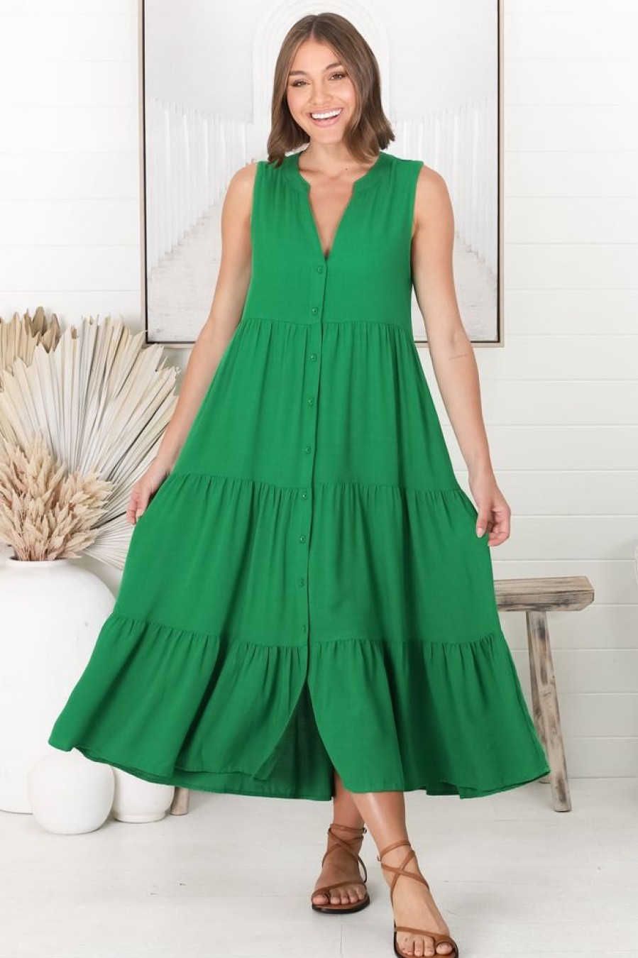 Dresses Salty Crush | Fifi Linen Midi Dress - Green