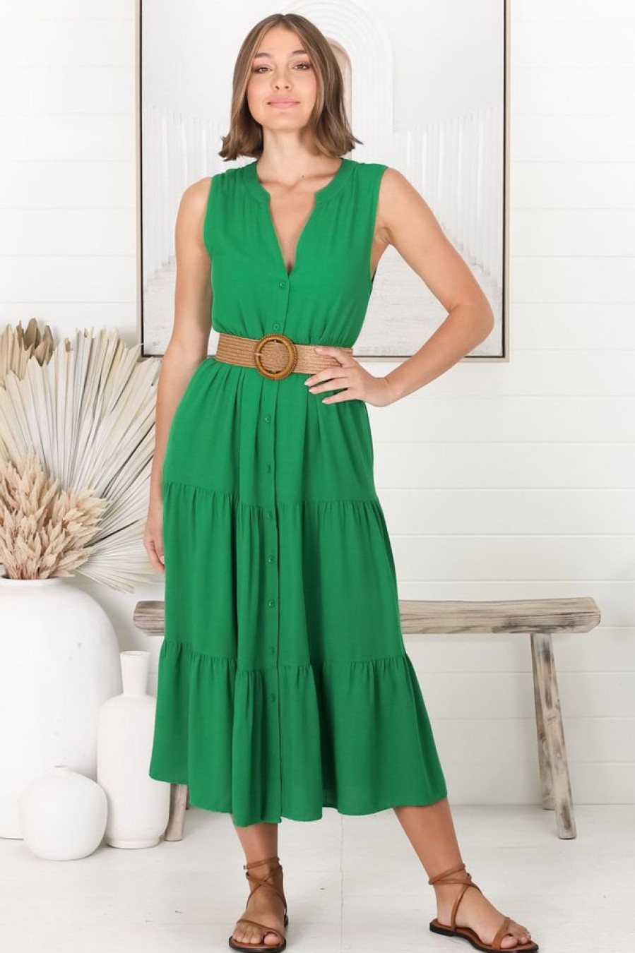 Dresses Salty Crush | Fifi Linen Midi Dress - Green