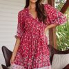 Dresses JAASE | Jaase - French Mini Dress: Yoke Neckline Dress With Matching Belt In Ruby Rouge Print