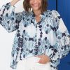 Tops Salty Crush | Portia Blouse - Button Down Lace Detail Shirt In Calea Blue Print