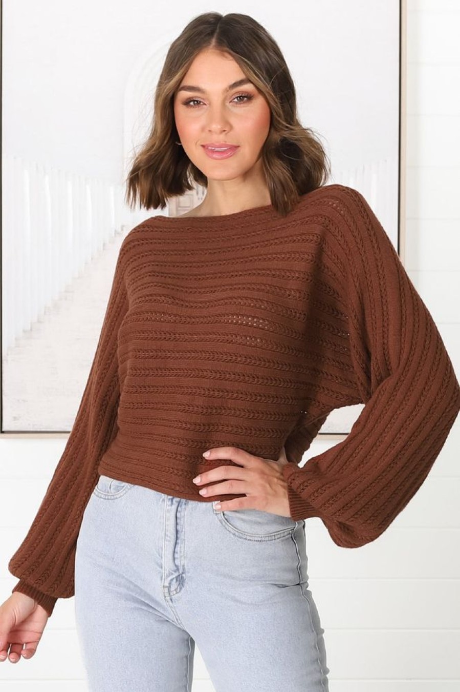 Tops Salty Crush | Celina Knit Top - Open Knit Stitch Boat Neckline Top In Rust