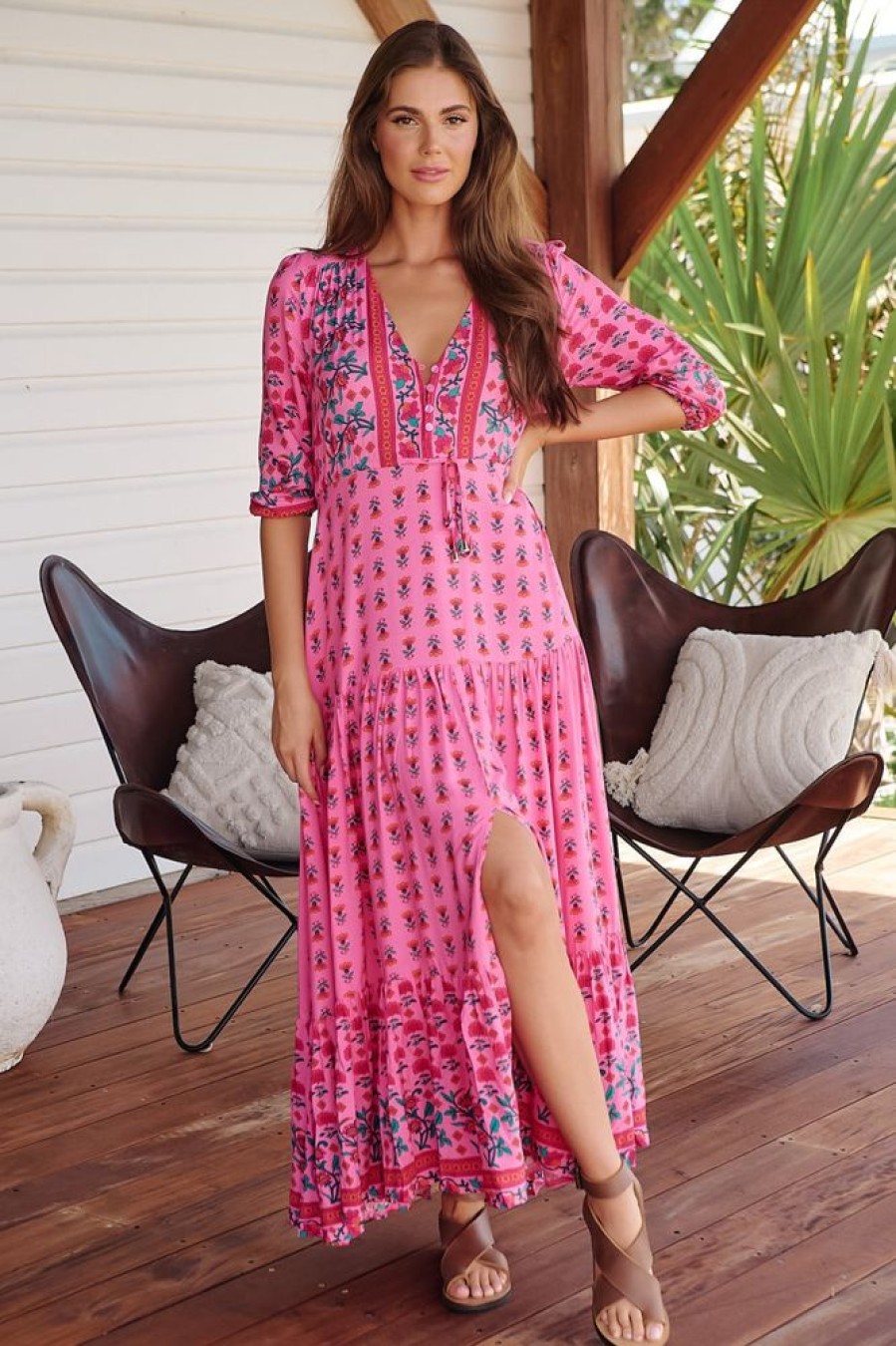 Jaase JAASE | Jaase - Tessa Maxi Dress: A Line Pull Tie Waist Dress In Raspberry Romance Print