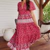 Dresses JAASE | Jaase - Olli Maxi Dress: V Neck Tiered Smock Dress With Short Sleeves In Ruby Rouge Print