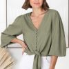 Tops Salty Crush | Amber Top - Button Down With Tie Detail Top In Green