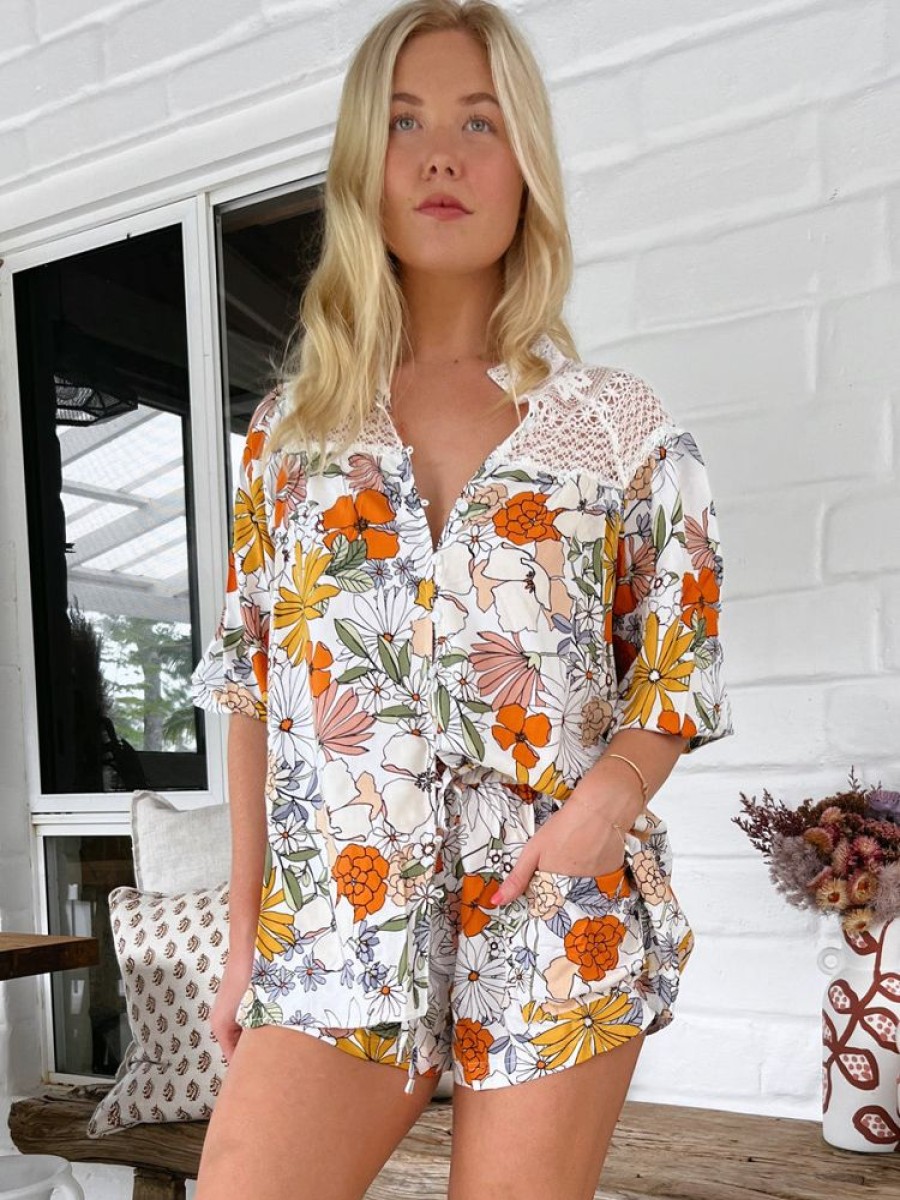 Tops JASSE | Jaase - Florence Blouse: Lace Shoulders Button Down Blouse In Dalilah Print