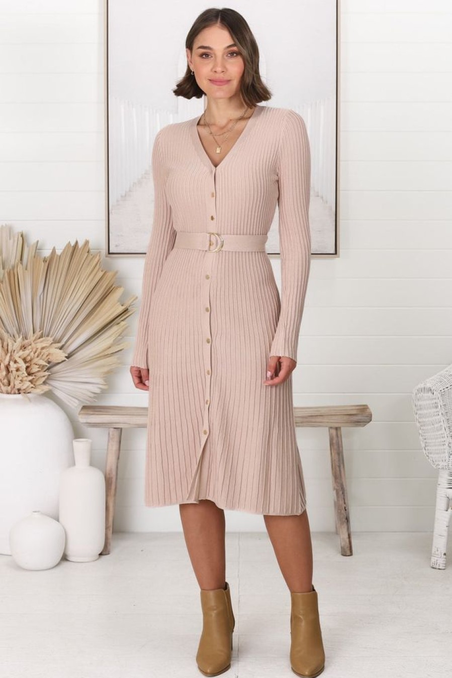 Dresses Salty Crush | Mischa Midi Dress - Ribbed Button Down Knit Dress In Coco Blush