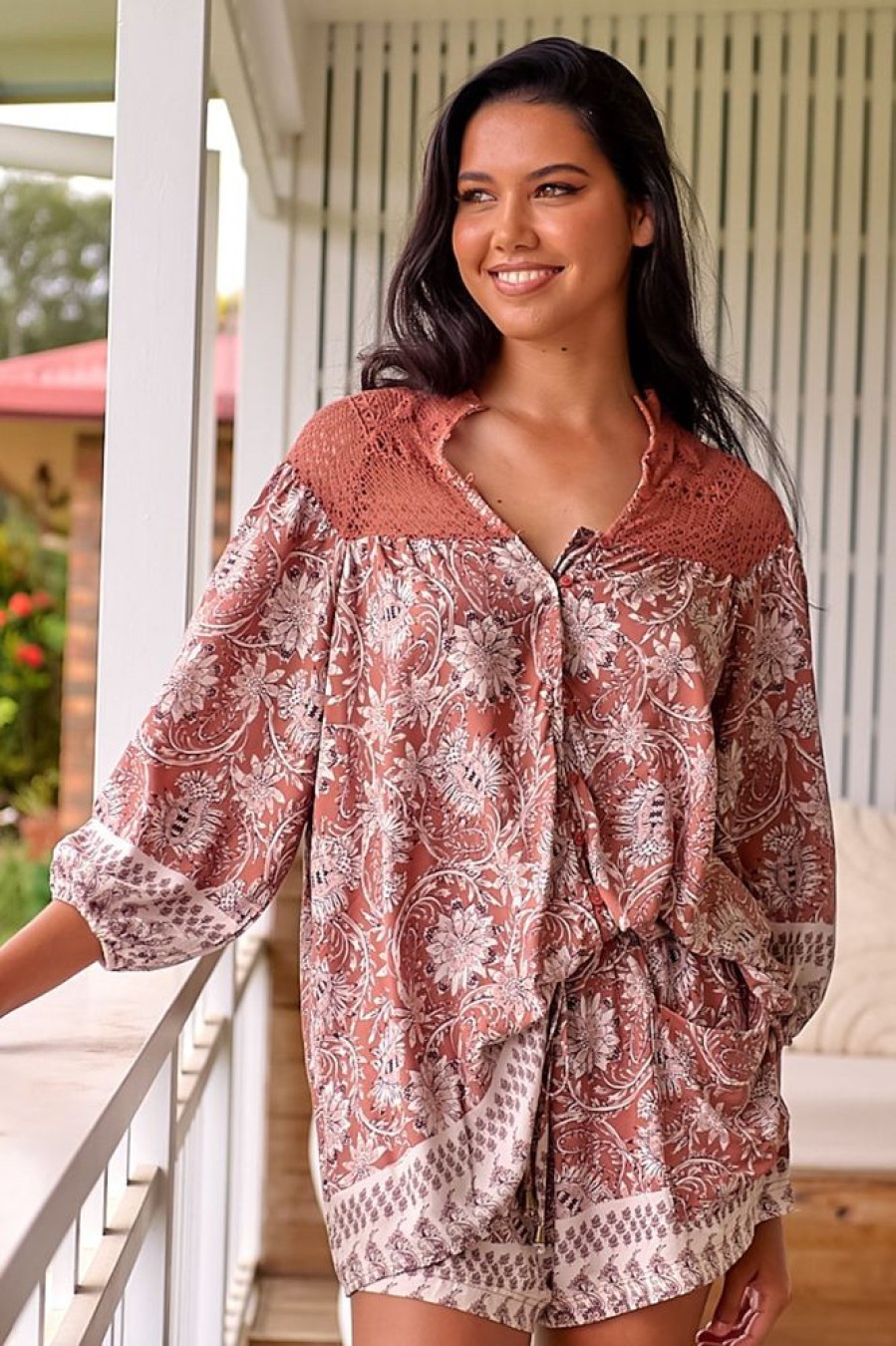 Tops JAASE | Jaase - Florence Blouse: Lace Shoulders Button Down Blouse In Indah Print