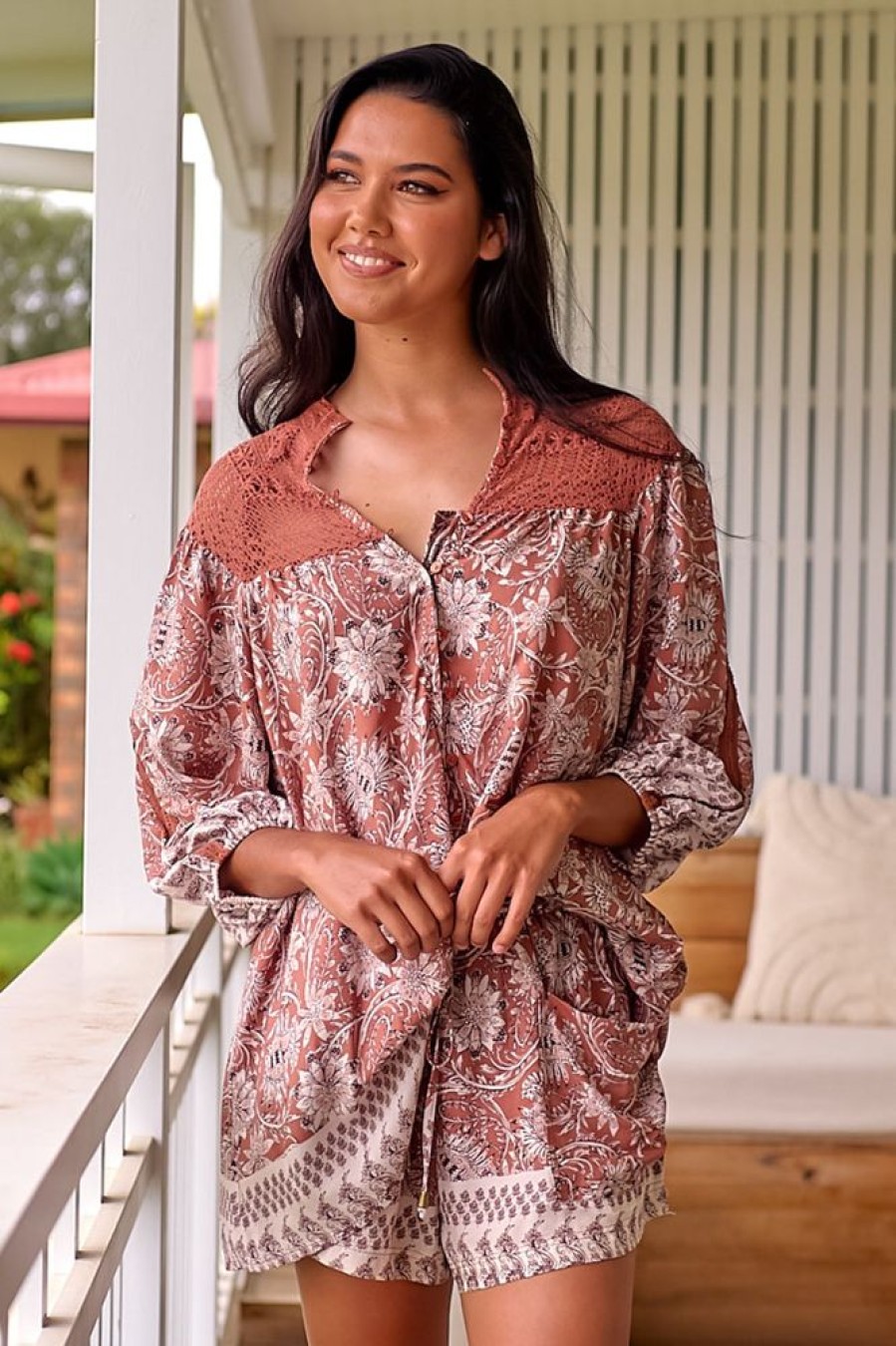 Tops JAASE | Jaase - Florence Blouse: Lace Shoulders Button Down Blouse In Indah Print