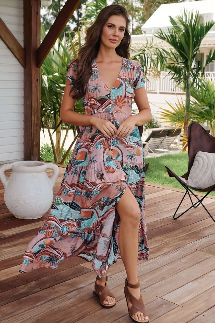Jaase JAASE | Jaase - Melissa Maxi Dress: Pull Tie Waist Dress With Split In Lakeside Serenity Print