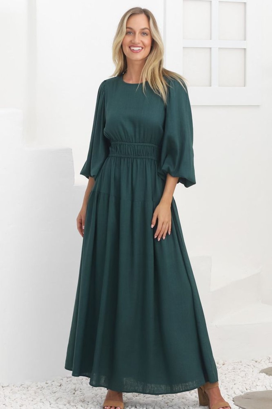 Dresses Salty Crush | Sheyne Maxi Dress - Long Balloon Sleeve Elasicated Waist A Line Dress In Green