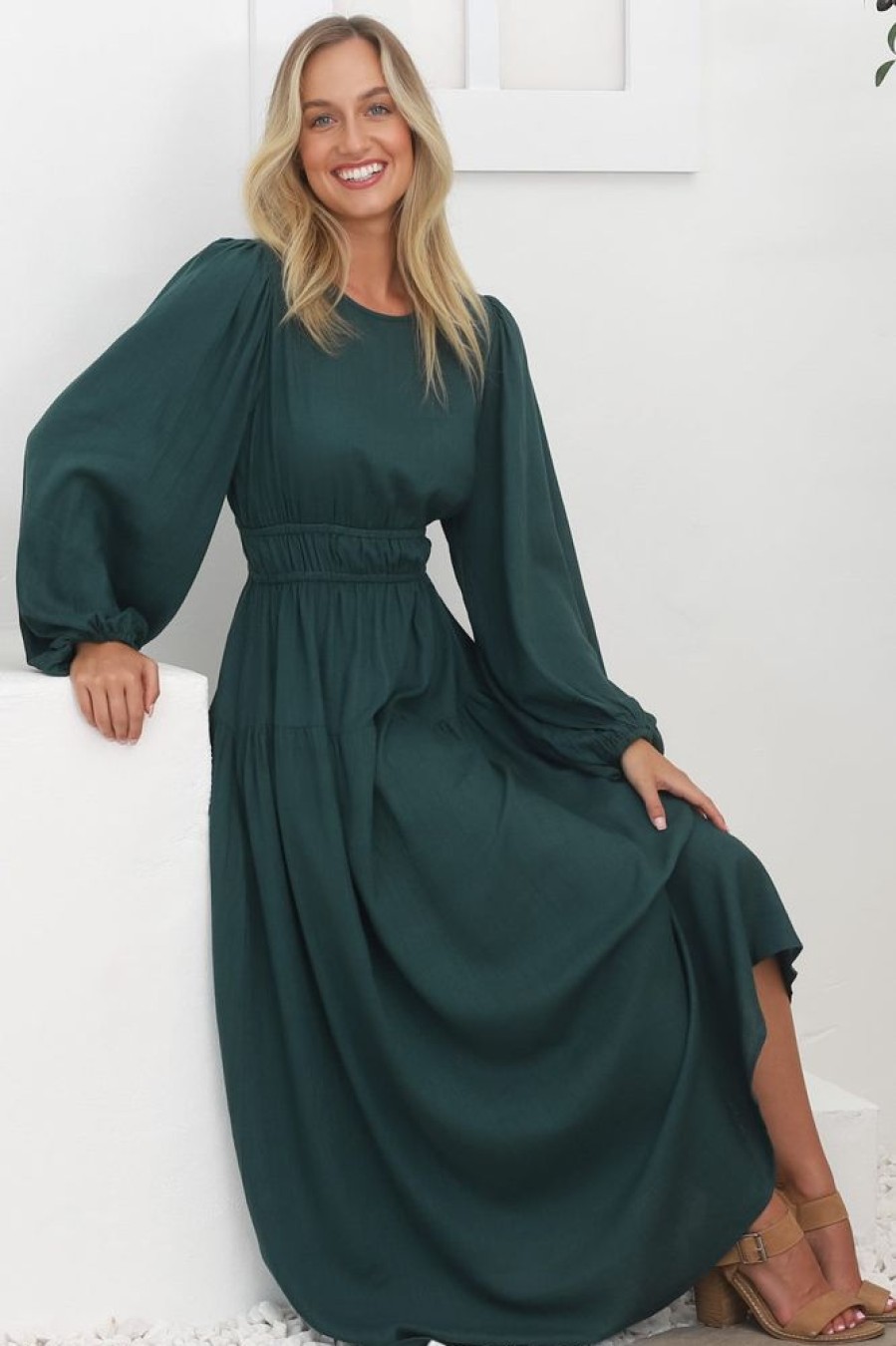 Dresses Salty Crush | Sheyne Maxi Dress - Long Balloon Sleeve Elasicated Waist A Line Dress In Green