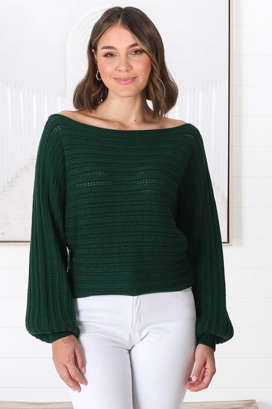 Tops Salty Crush | Celina Knit Top - Open Knit Stitch Boat Neckline Top In Emerald