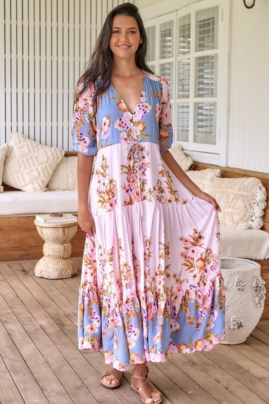 Jaase JAASE | Jaase - Tessa Maxi Dress: A Line Pull Tie Waist Dress In French Rose Print