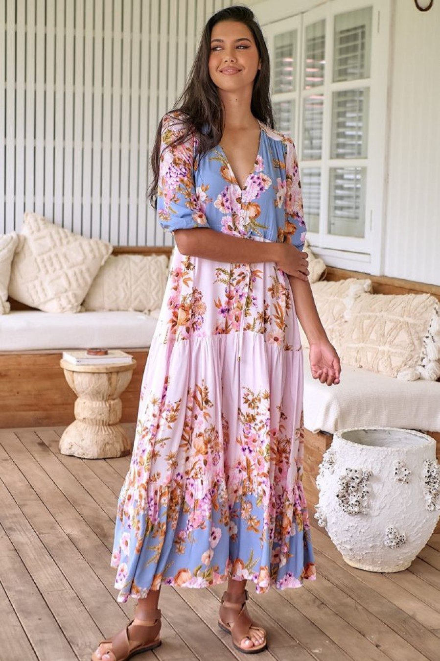Jaase JAASE | Jaase - Tessa Maxi Dress: A Line Pull Tie Waist Dress In French Rose Print